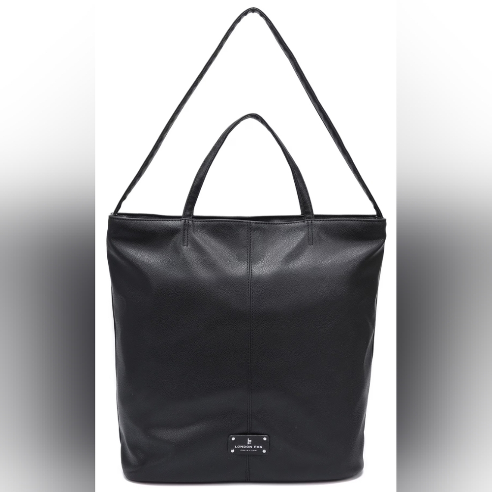 LONDON FOG | Classic Black Laura Large Slouchy‎ Vegan Leather Tote Bag